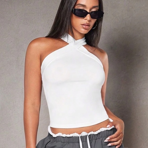 White Halter Tank Top Criss Cross Slim Fit - Picture 1 of 8